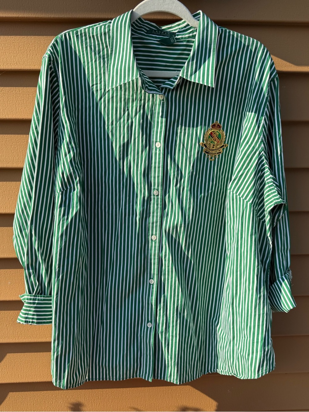 Vintage Lauren Ralph Lauren Green white vertical stripe blouse with crest